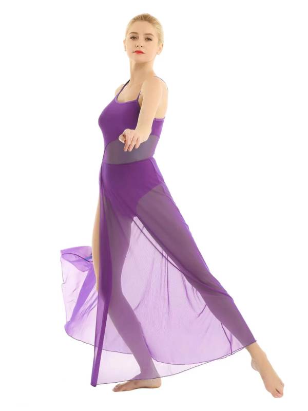 Women Spaghetti Strap Mesh Maxi Lyrical Dance Leotard Dress thumb