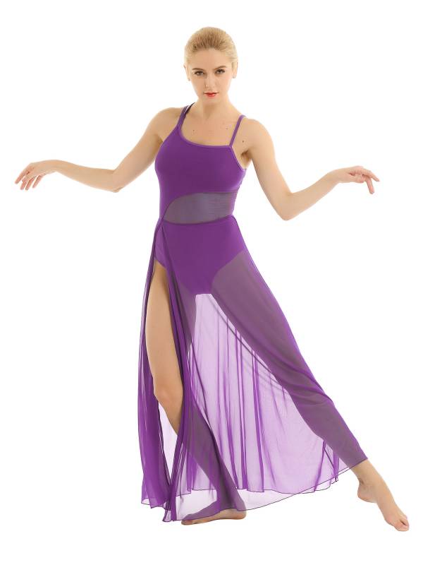 Women Spaghetti Strap Mesh Maxi Lyrical Dance Leotard Dress thumb