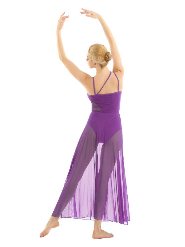 Women Spaghetti Strap Mesh Maxi Lyrical Dance Leotard Dress thumb