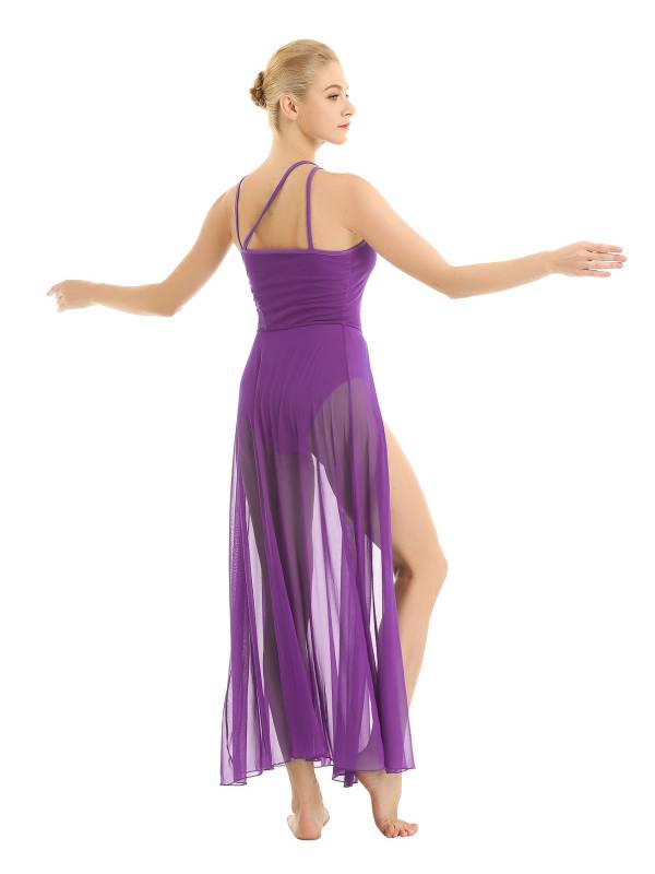 Women Spaghetti Strap Mesh Maxi Lyrical Dance Leotard Dress thumb