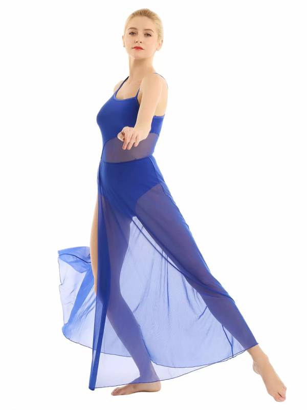 Women Spaghetti Strap Mesh Maxi Lyrical Dance Leotard Dress thumb