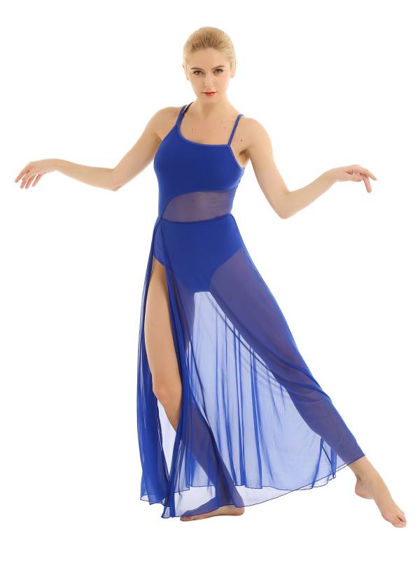 Women Spaghetti Strap Mesh Maxi Lyrical Dance Leotard Dress thumb