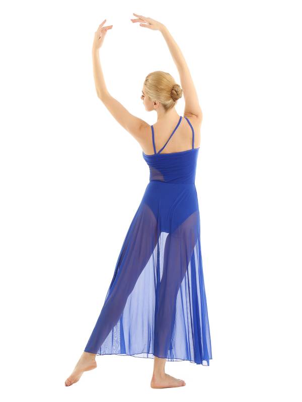 Women Spaghetti Strap Mesh Maxi Lyrical Dance Leotard Dress thumb