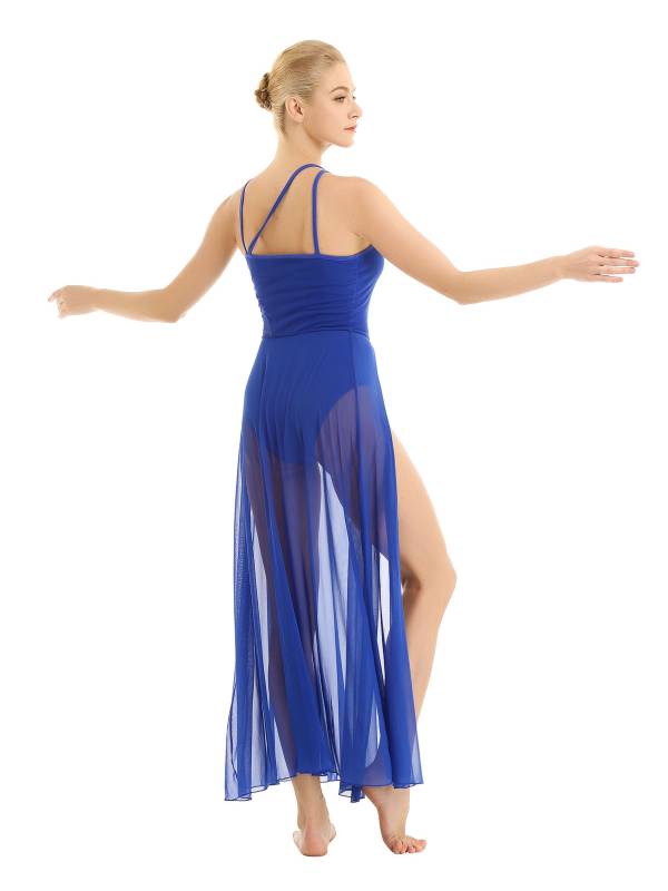 Women Spaghetti Strap Mesh Maxi Lyrical Dance Leotard Dress thumb