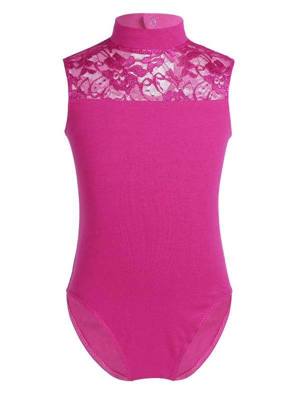 Kids Girls Sleeveless Turtle Neck Lace Ballet Dance Leotard thumb