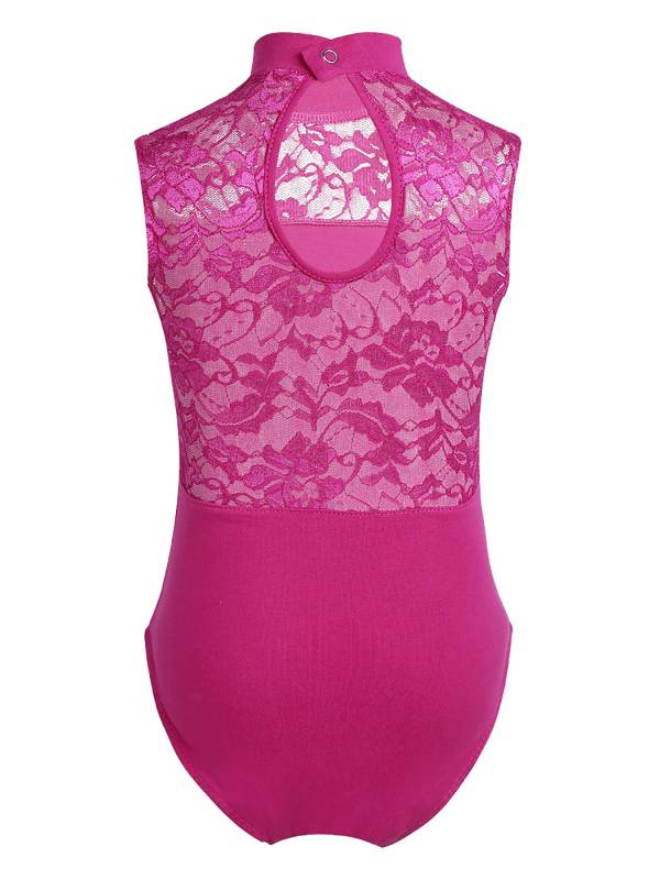 Kids Girls Sleeveless Turtle Neck Lace Ballet Dance Leotard thumb
