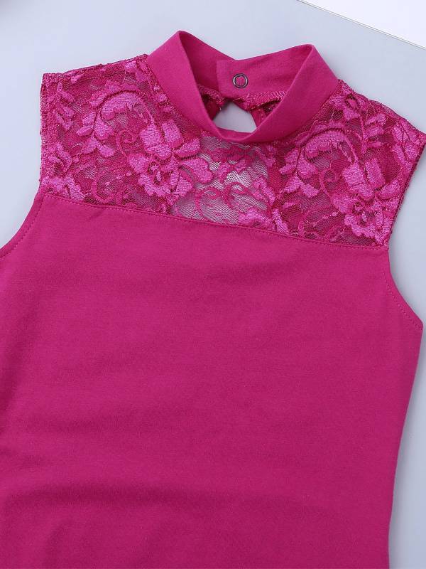Kids Girls Sleeveless Turtle Neck Lace Ballet Dance Leotard thumb