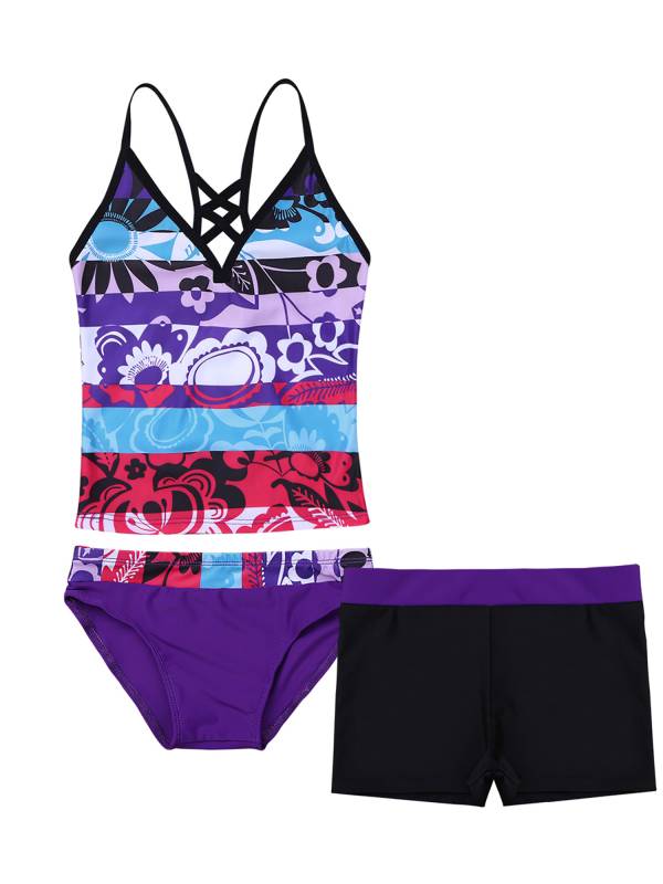 Kids Girls 3Pcs Floral Printed Tankini with Shorts Swimsuit Set thumb