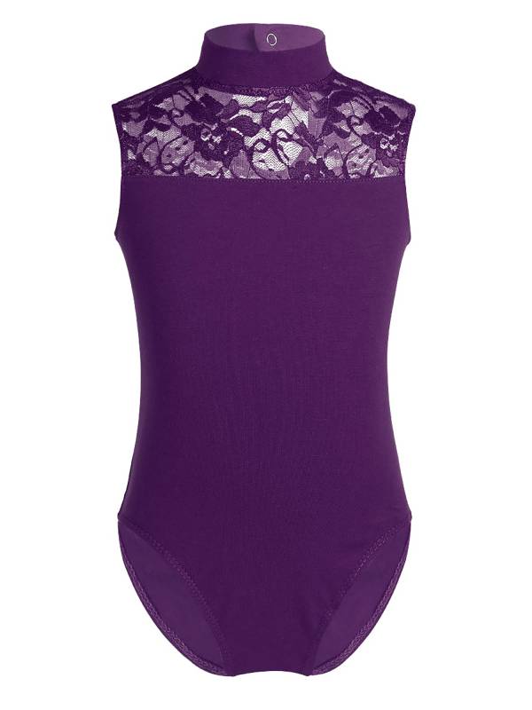 Kids Girls Sleeveless Turtle Neck Lace Ballet Dance Leotard thumb