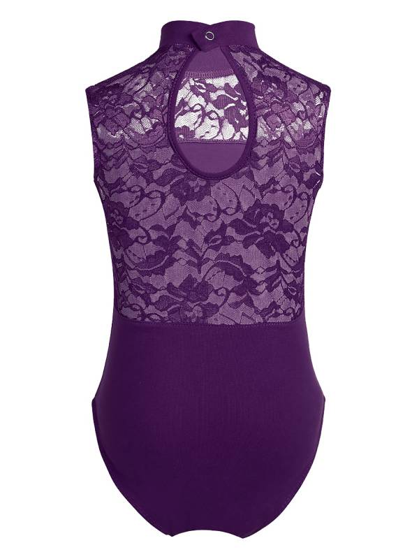 Kids Girls Sleeveless Turtle Neck Lace Ballet Dance Leotard thumb