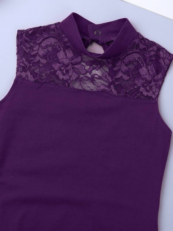 Kids Girls Sleeveless Turtle Neck Lace Ballet Dance Leotard thumb