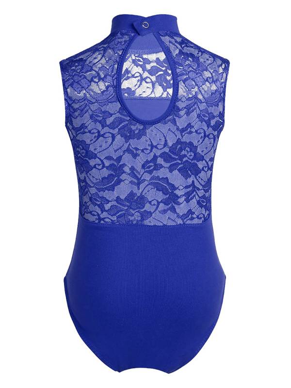Kids Girls Sleeveless Turtle Neck Lace Ballet Dance Leotard thumb