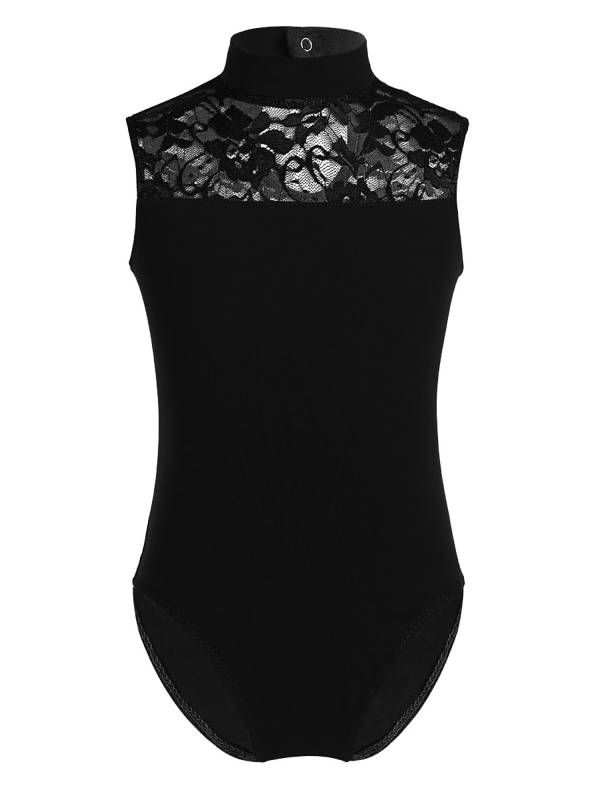 Kids Girls Sleeveless Turtle Neck Lace Ballet Dance Leotard thumb