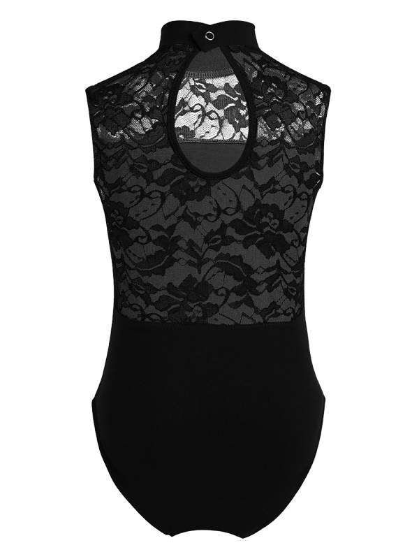 Kids Girls Sleeveless Turtle Neck Lace Ballet Dance Leotard thumb