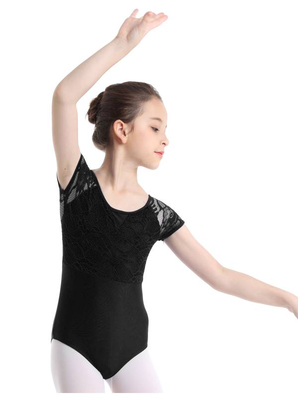 Kids Girls Short Sleeves Floral Lace Ballet Dance Leotard thumb