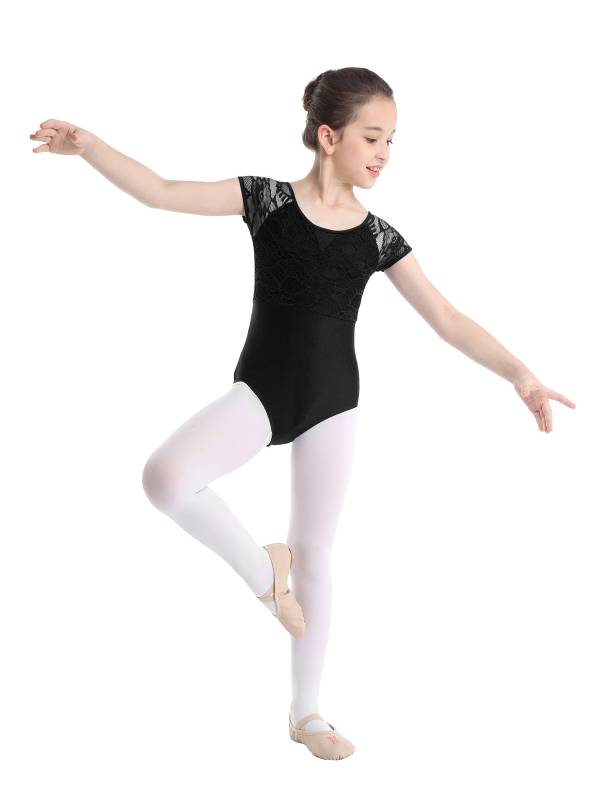 Kids Girls Short Sleeves Floral Lace Ballet Dance Leotard thumb