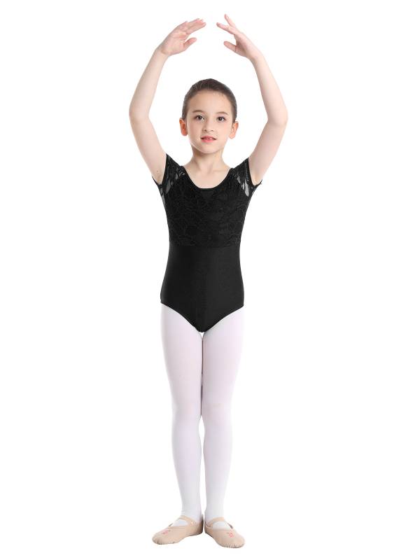 Kids Girls Short Sleeves Floral Lace Ballet Dance Leotard thumb