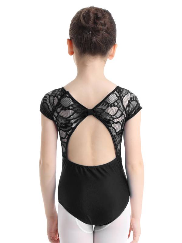 Kids Girls Short Sleeves Floral Lace Ballet Dance Leotard thumb