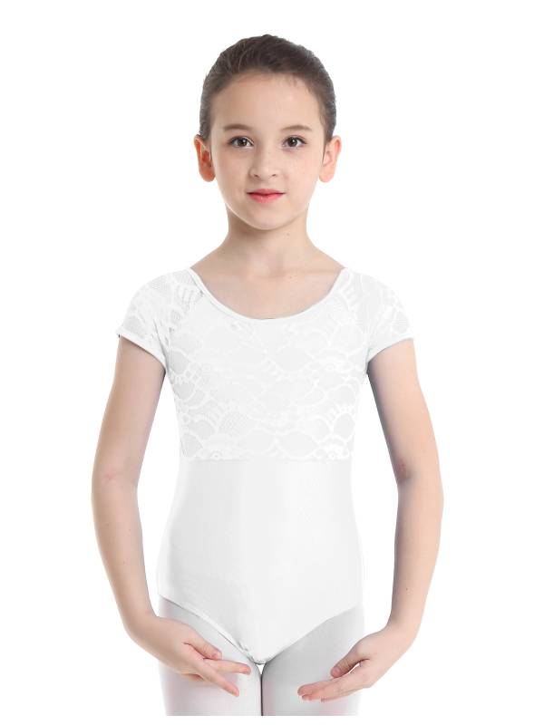 Kids Girls Short Sleeves Floral Lace Ballet Dance Leotard thumb