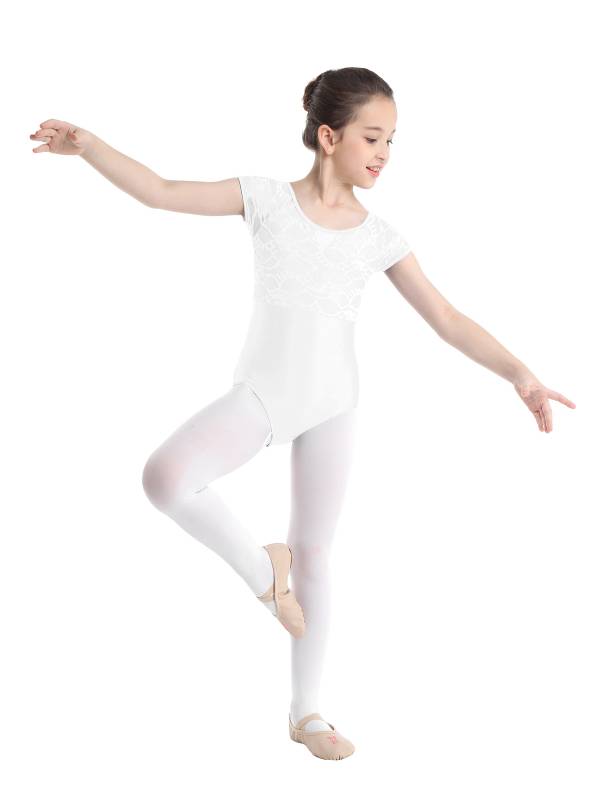 Kids Girls Short Sleeves Floral Lace Ballet Dance Leotard thumb