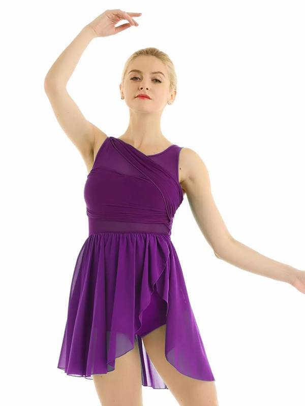 Women Sleeveless Asymmetric Chiffon Lyrical Dance Leotard Dress thumb