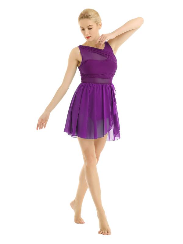 Women Sleeveless Asymmetric Chiffon Lyrical Dance Leotard Dress thumb