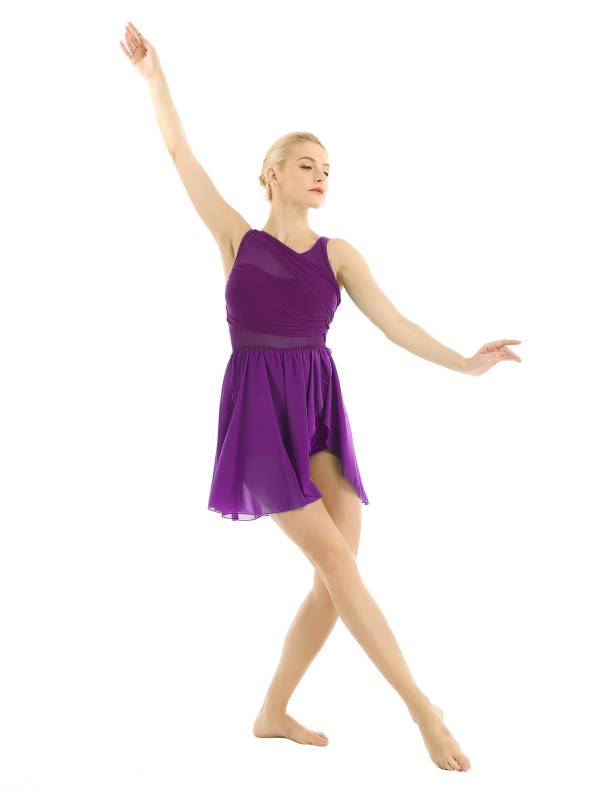 Women Sleeveless Asymmetric Chiffon Lyrical Dance Leotard Dress thumb