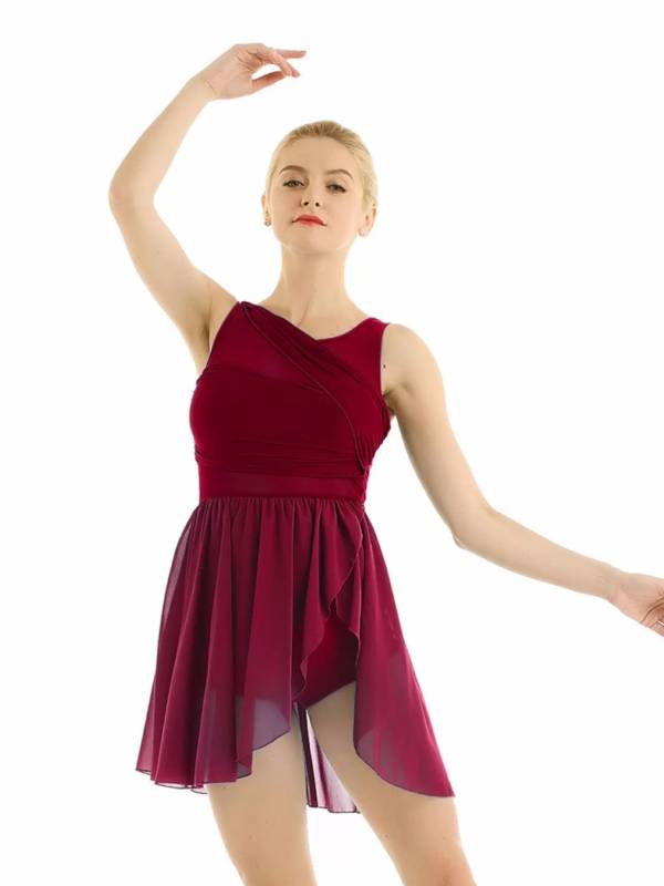 Women Sleeveless Asymmetric Chiffon Lyrical Dance Leotard Dress thumb