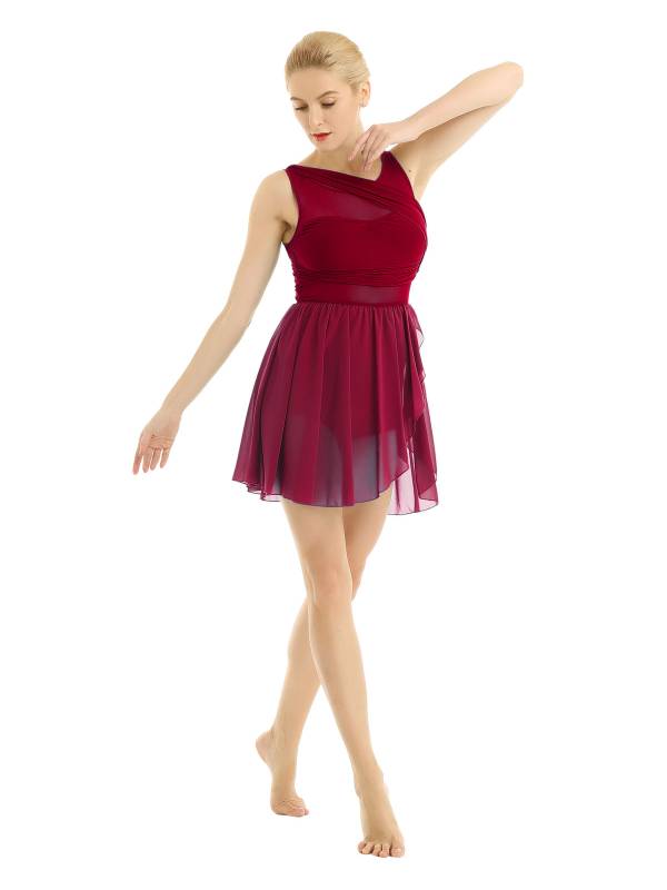Women Sleeveless Asymmetric Chiffon Lyrical Dance Leotard Dress thumb
