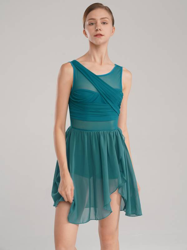 Women Sleeveless Asymmetric Chiffon Lyrical Dance Leotard Dress thumb
