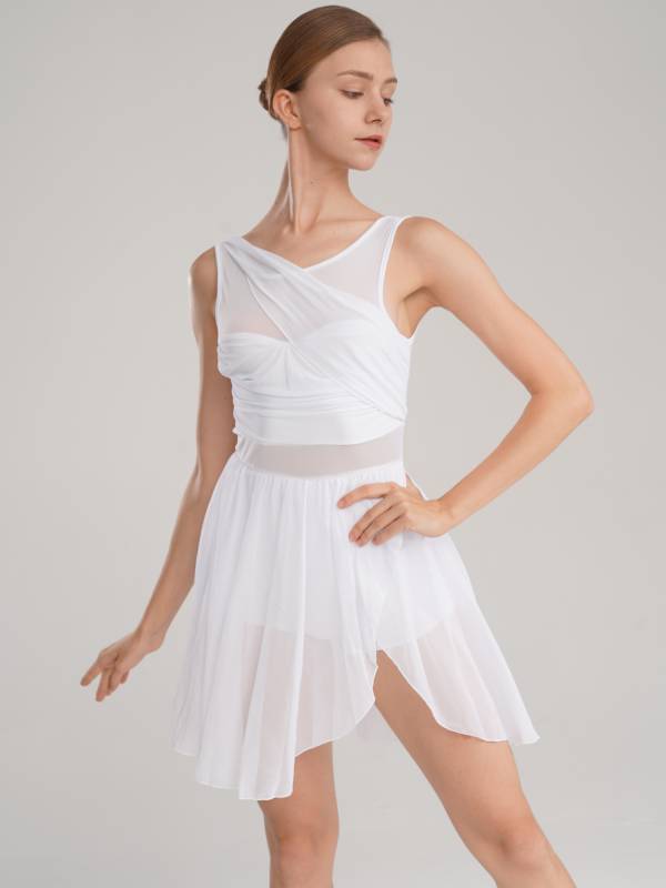 Women Sleeveless Asymmetric Chiffon Lyrical Dance Leotard Dress thumb