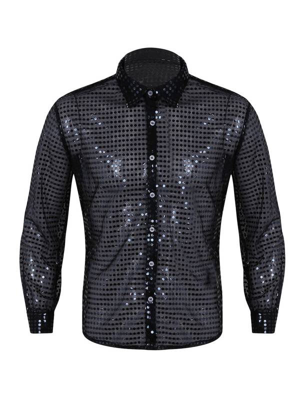 Men Shiny Sequins See Through Mesh Long Sleeve Latin Dance Shirt thumb