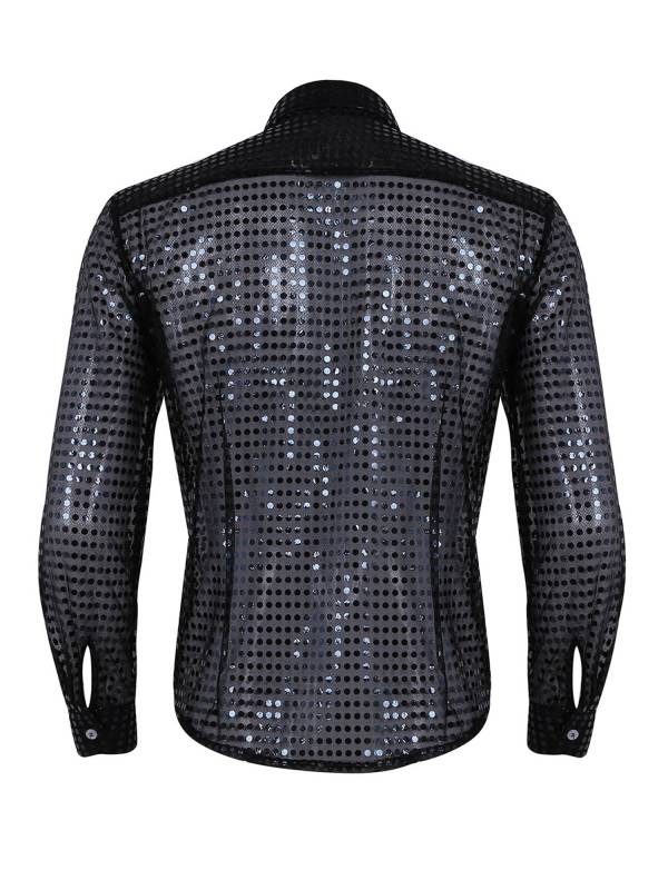 Men Shiny Sequins See Through Mesh Long Sleeve Latin Dance Shirt thumb