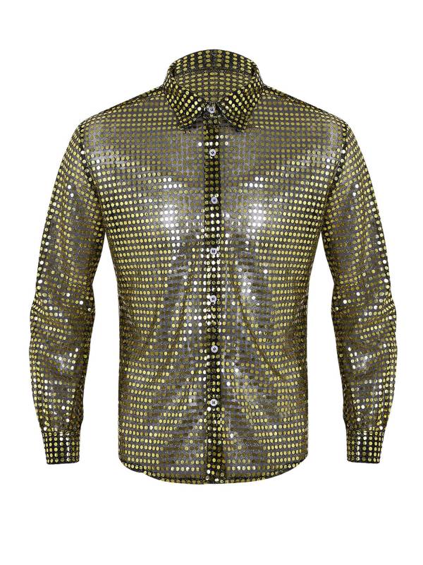 Men Shiny Sequins See Through Mesh Long Sleeve Latin Dance Shirt thumb