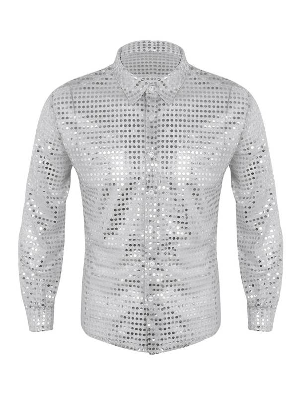 Men Shiny Sequins See Through Mesh Long Sleeve Latin Dance Shirt thumb