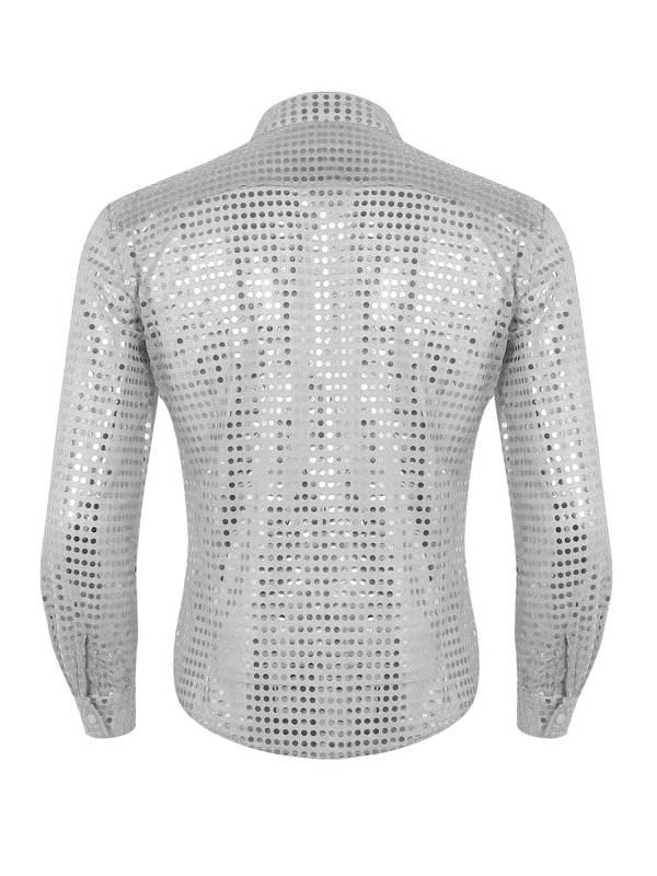 Men Shiny Sequins See Through Mesh Long Sleeve Latin Dance Shirt thumb