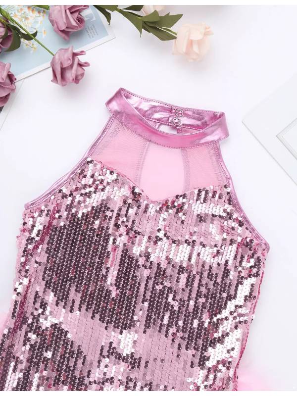 Kids Girls Sleeveless Sequins Jazz Latin Dance Leotard Jumpsuit thumb