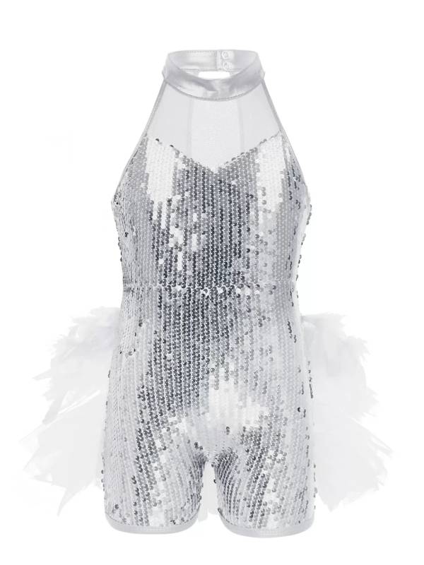 Kids Girls Sleeveless Sequins Jazz Latin Dance Leotard Jumpsuit thumb