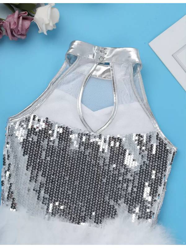 Kids Girls Sleeveless Sequins Jazz Latin Dance Leotard Jumpsuit thumb