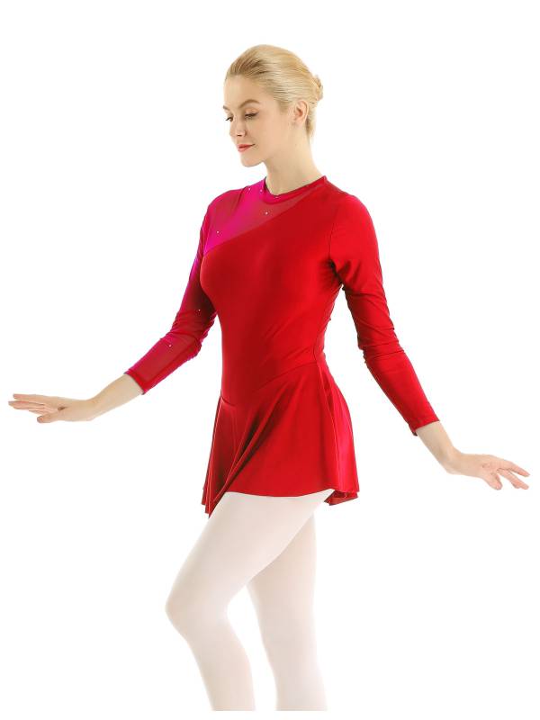 Women Long Sleeve Round Neck Hollow Back Skating Leotard Dress thumb