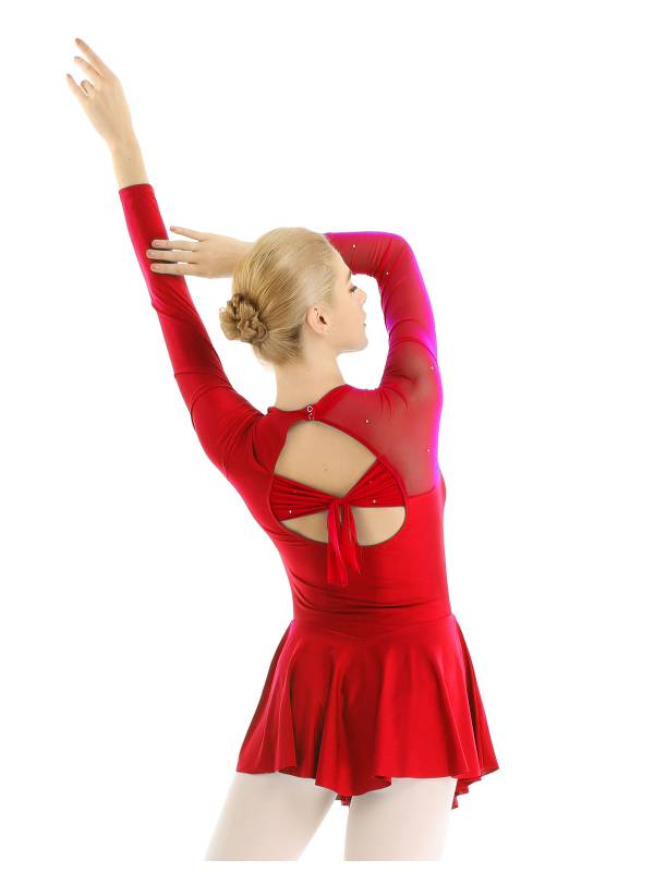 Women Long Sleeve Round Neck Hollow Back Skating Leotard Dress thumb
