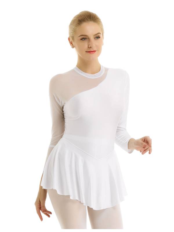 Women Long Sleeve Round Neck Hollow Back Skating Leotard Dress thumb