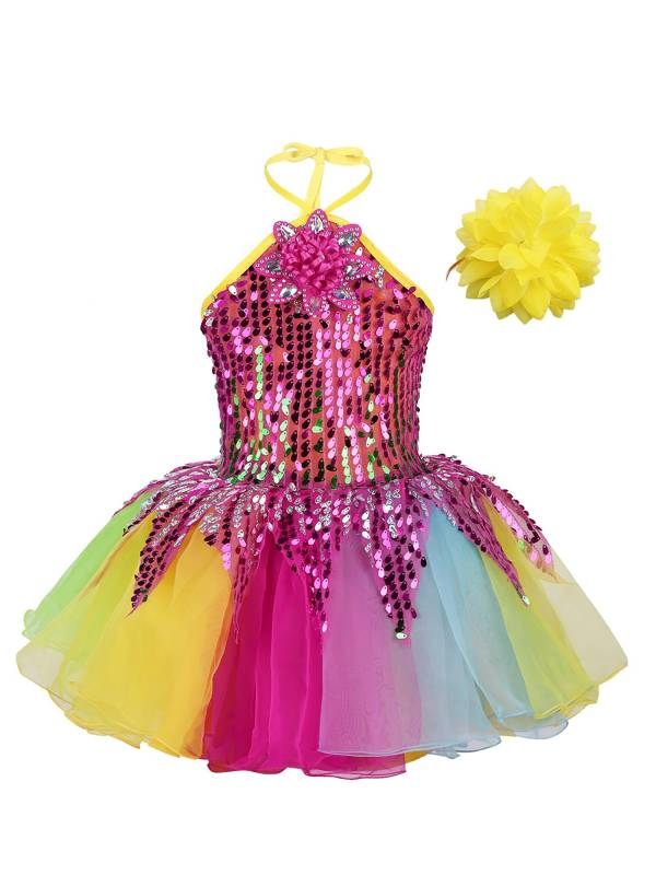 Girls Halter Neck Sequins 3D Flower Tutu Dress with Wristband for Ballet thumb