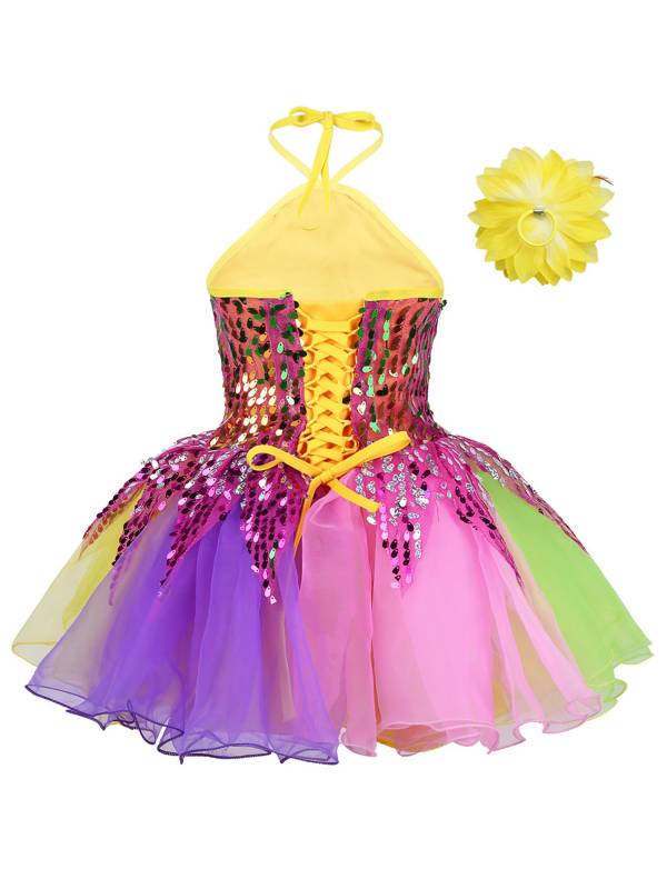 Girls Halter Neck Sequins 3D Flower Tutu Dress with Wristband for Ballet thumb