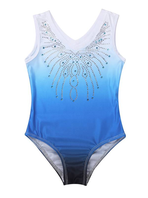 Kids Girls Colorblock Sleeveless V-Neck Rhinestone Ballet Dance Leotard thumb