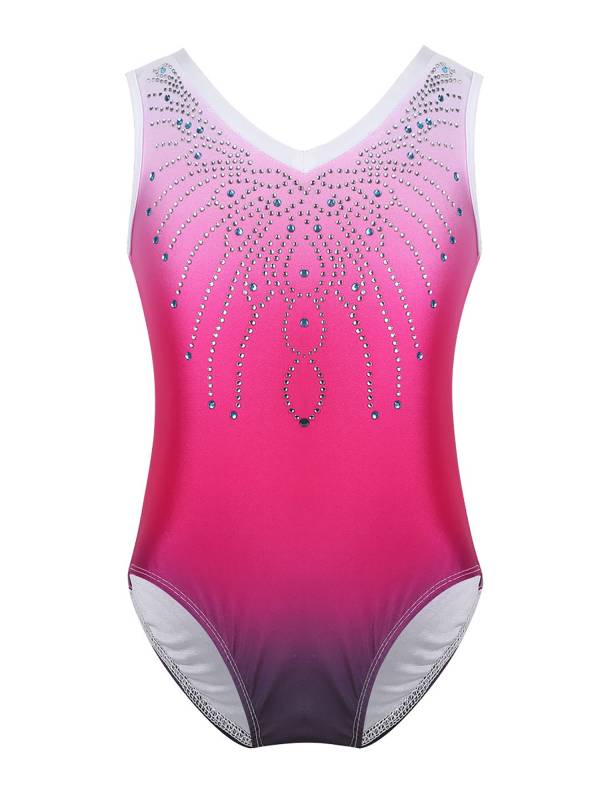 Kids Girls Colorblock Sleeveless V-Neck Rhinestone Ballet Dance Leotard thumb