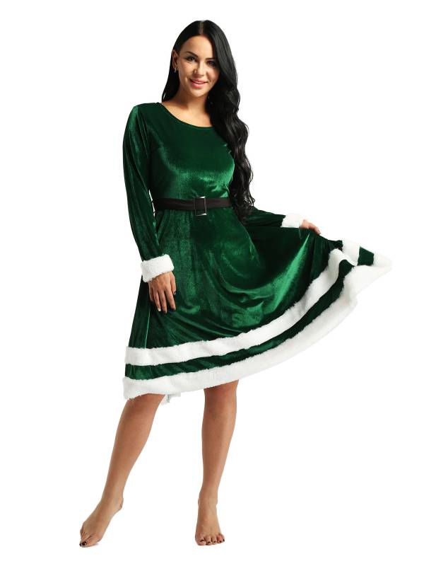 Women Christmas Velvet Scoop Neck Long Sleeves A-line Dress thumb