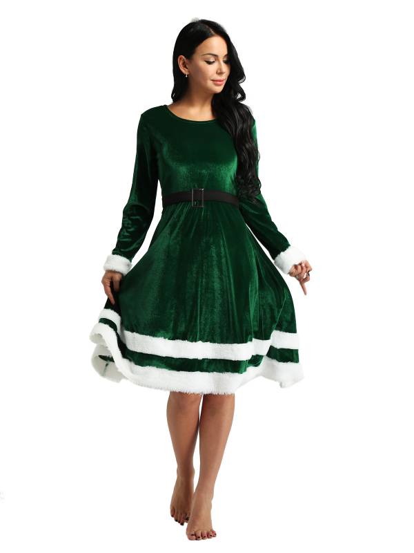 Women Christmas Velvet Scoop Neck Long Sleeves A-line Dress thumb