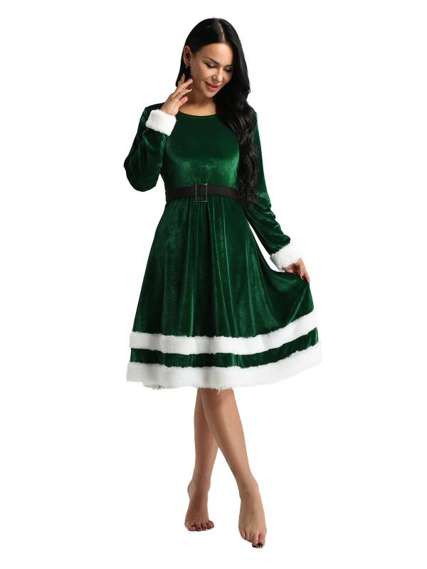 Women Christmas Velvet Scoop Neck Long Sleeves A-line Dress thumb
