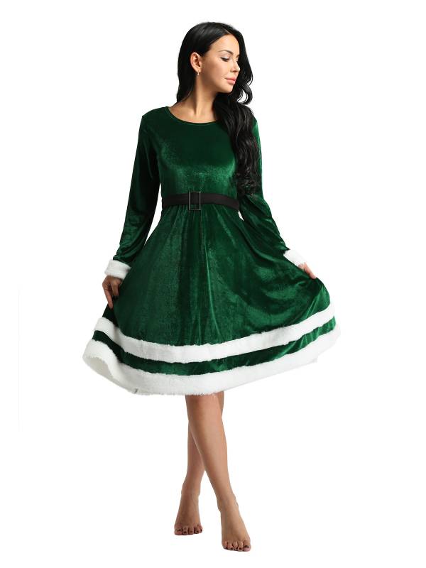Women Christmas Velvet Scoop Neck Long Sleeves A-line Dress thumb